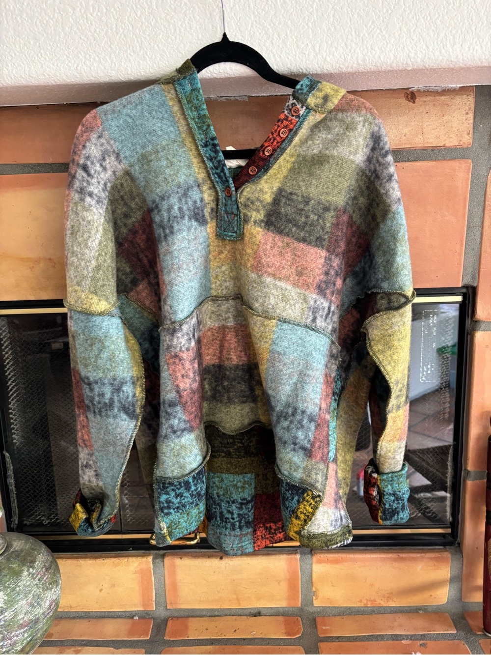 Oversized Multicolor Patchwork hooded Sweater: whimsical fall